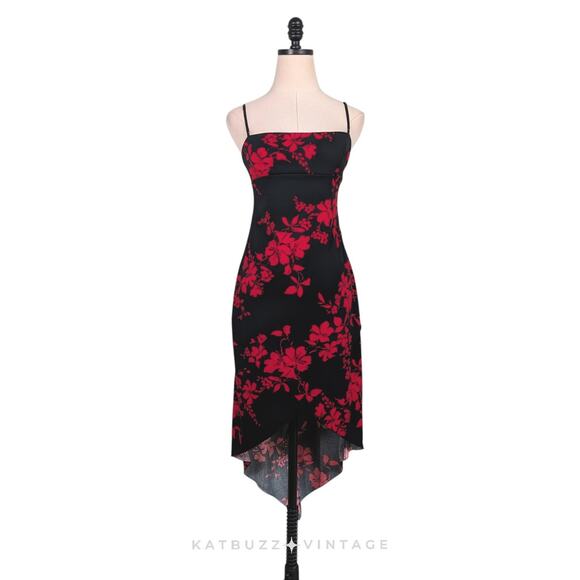 Jodi Kristopher Dresses & Skirts - Vintage Midi Dress M Red Black 90S Y2K Babydoll Asymmetric Slip High Low Grunge